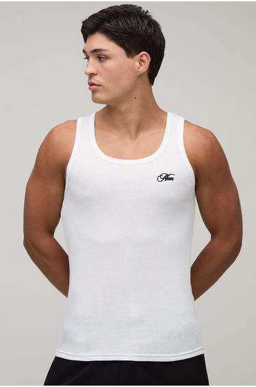 Muscle Fit Man Script Embroidered Ribbed Vest - white