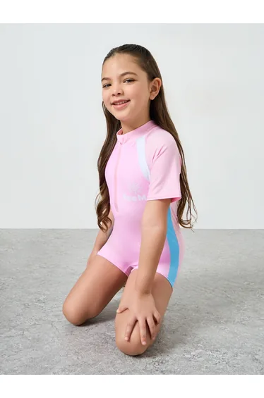 Girls Pink Short Sleeve Swimsuit