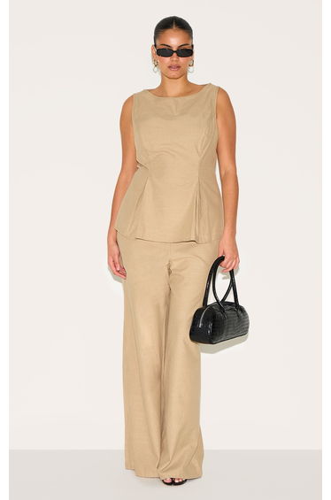Plus Sand Striped Cotton Wide Leg Trousers