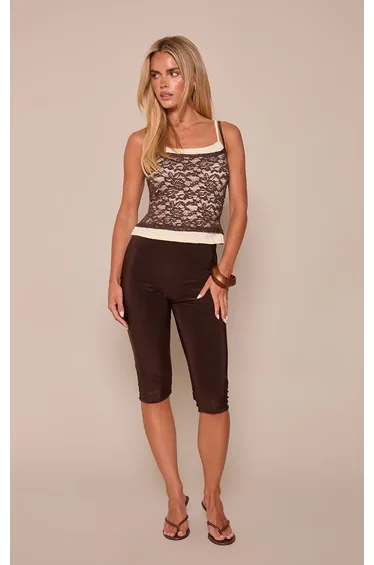 Petite Chocolate Contrast Double Layer Lace Cami Top