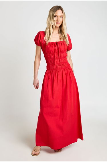 Petite Cotton Poplin Shirred Bodice Puff Sleeve Maxi Dress - red
