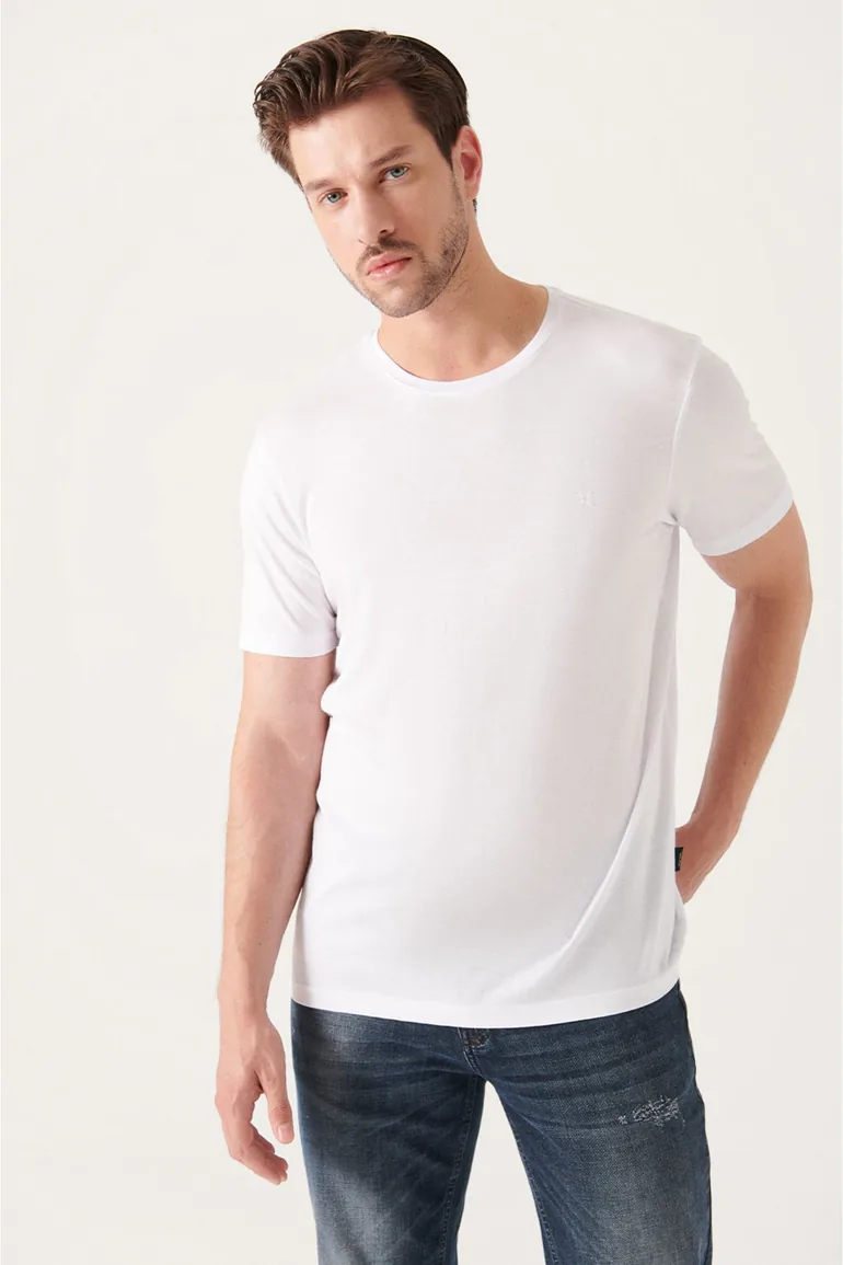 Men's White Ultrasoft Crew Neck Cotton Slim Fit Slim Fit T-shirt - 4