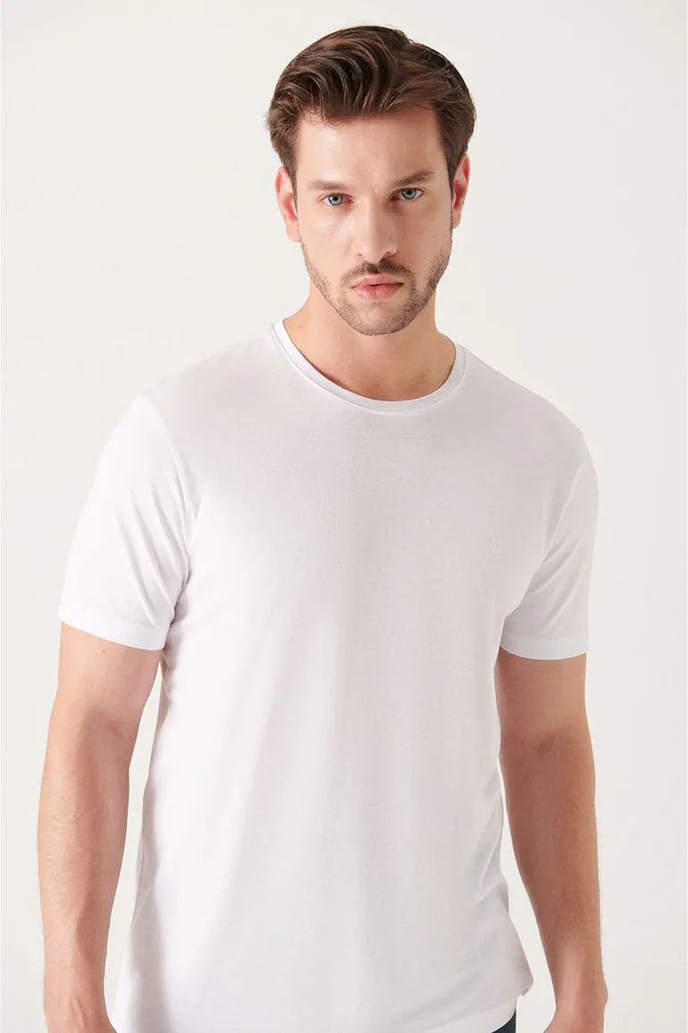 Men's White Ultrasoft Crew Neck Cotton Slim Fit Slim Fit T-shirt - 2