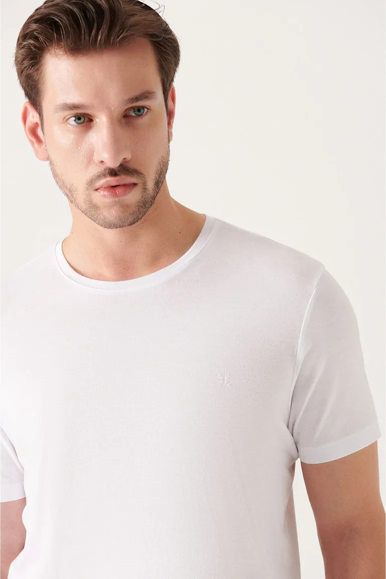 Men's White Ultrasoft Crew Neck Cotton Slim Fit Slim Fit T-shirt - 3