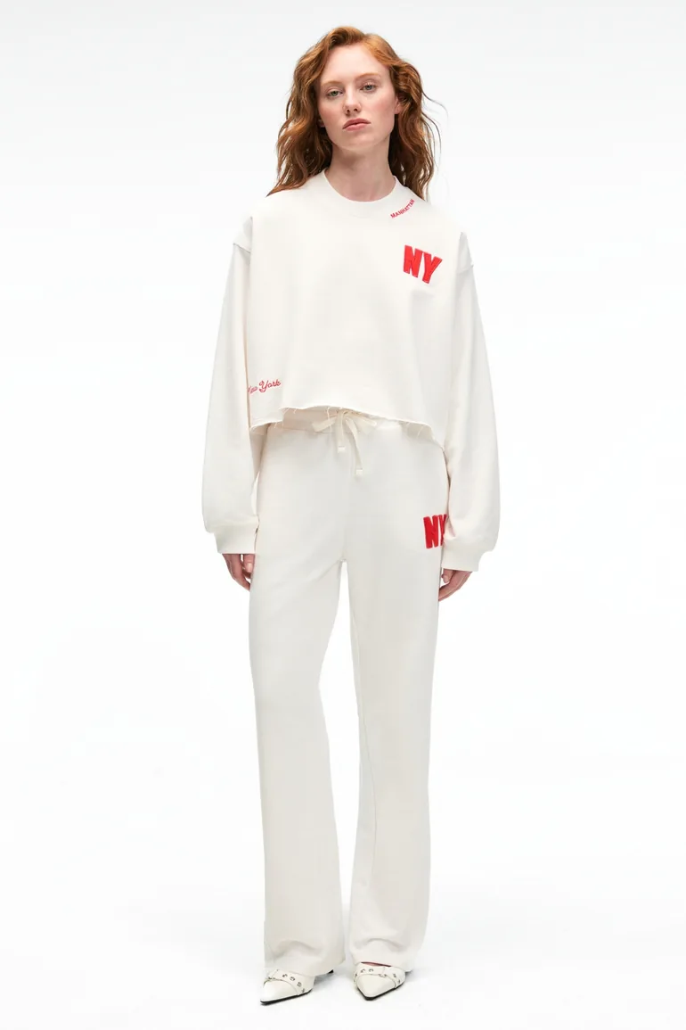 GRIMELANGE AVENZA Women's Embroidered Detail Side Pockets Regular Wide Leg Ecru Sweatpants
