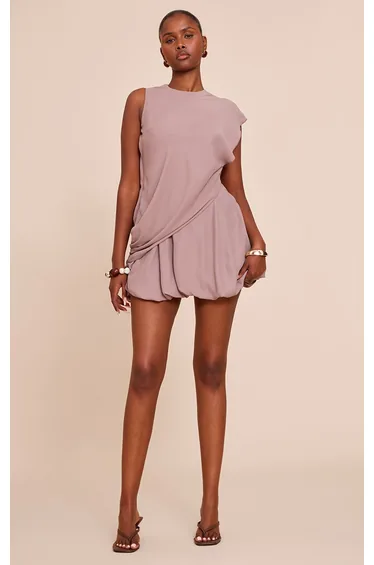 Taupe Chiffon Frill Hem Shift Mini Dress