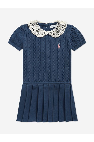 Ralph Lauren Baby Girls Cable Knit Dress with Lace Collar in Navy