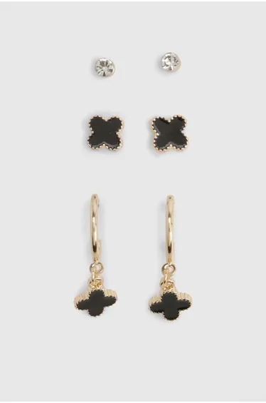Black Enamel Clover Earrings 3 Pack - gold
