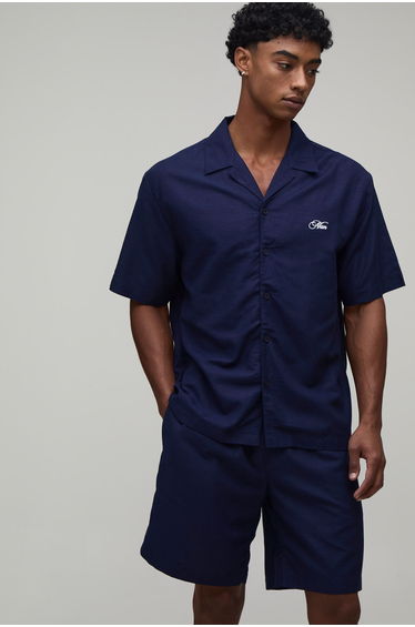 Cherry Back Print Oversized Shirt & Short Set - navy