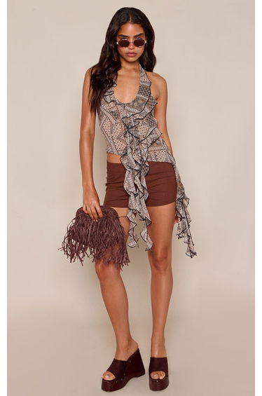 Paisley Chiffon Multi Ruffle Halterneck Top
