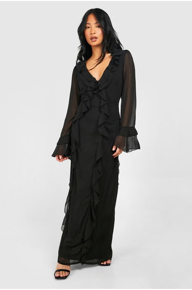 Petite Plunge Ruffle Flare Sleeve Woven Maxi Dress - black