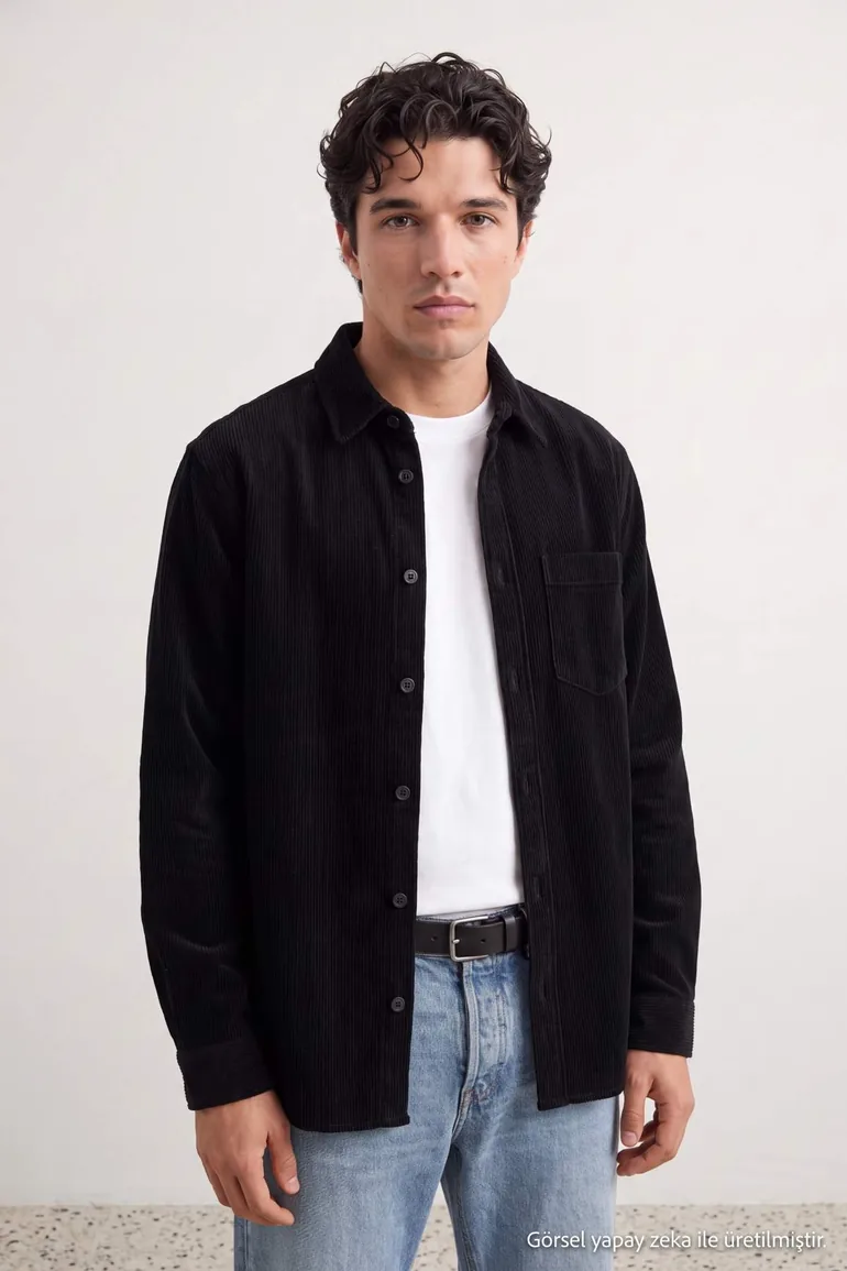 Black Regular Fit 100% Cotton Corduroy Men's Shirt