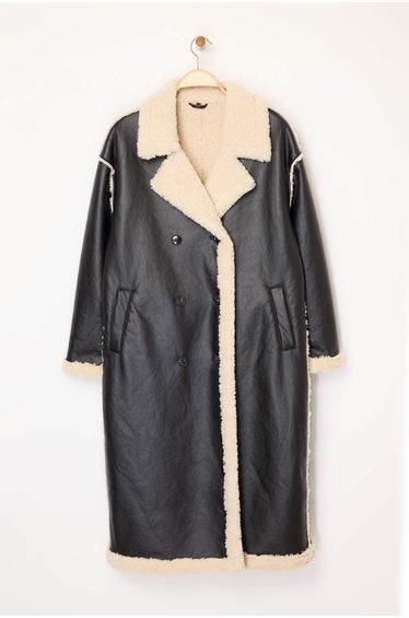 Black Double-Sided Plush Mono Closure Oversize Long Faux Leather Coat