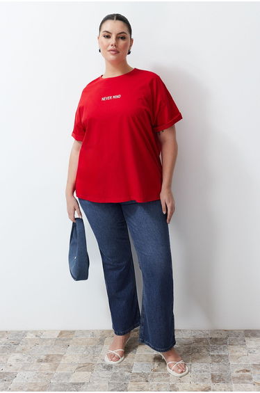 Red Slogan Printed Oversize Knitted T-shirt