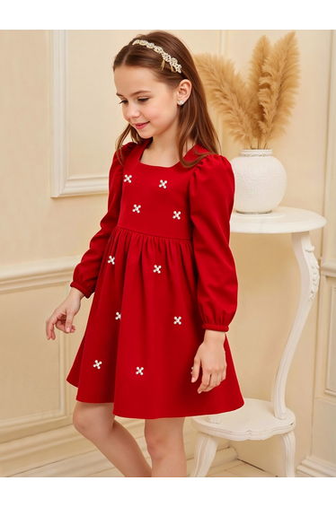 Embellished Square Neck Puff Sleeve Dress