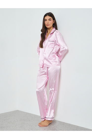Pink Striped Satin Shirt and Pyjama Set