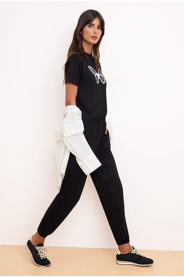 Black*001 Printed Regular Short Sleeve 2 Thread Knitted Top and Bottom Set