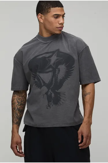 Washed Charcoal Oversized Boxy Eagle Print Exposed Seam T-Shirt - washed charcoal