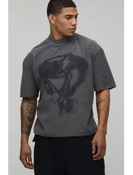 تيشيرت بتصميم واسع عريض بطبعة - رمادي