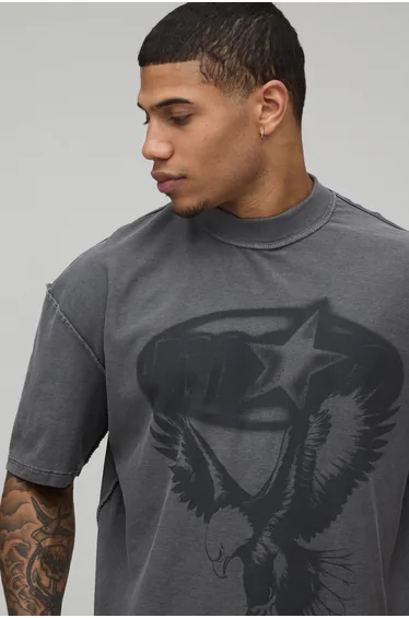 Washed Charcoal Oversized Boxy Eagle Print Exposed Seam T-Shirt - washed charcoal