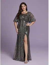 Leely Plus Women's Elegant Round Neck Flounce Sleeve Graduation & Prom Dresses - 5