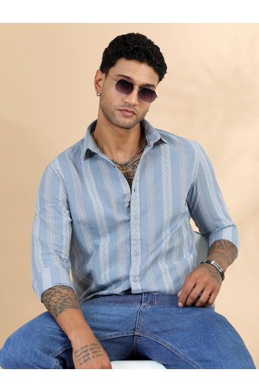 Men Blue Striped Spread Collar Shirt