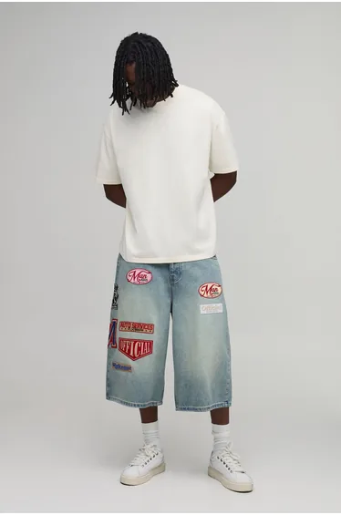 Tall Longline Varsity Badge Washed Denim Jorts - stonewash