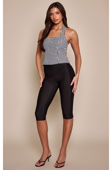 Black Cotton Gingham Embroidered Square Neck Top