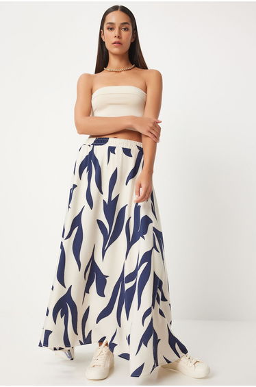 Women's Ecru Navy Blue Patterned Maxi Skirt DD01333