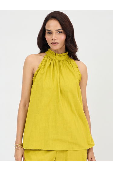 Citrine Green Cotton Halter Neck Top