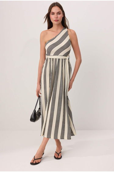 Multi-Colored Striped A-Line/A Bell-Shaped Asymmetric Collar One-Sleeve Sleeveless Textured Knitted Dress