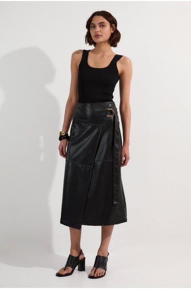 Faux Leather Tie Detail Wrap Midaxi Skirt