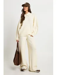 Super Soft Crew Neck Knitted Chunky Cardigan and Wide Leg Trouser Co-Ord - cream