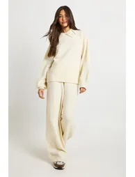 Super Soft Crew Neck Knitted Chunky Cardigan and Wide Leg Trouser Co-Ord - cream - 2
