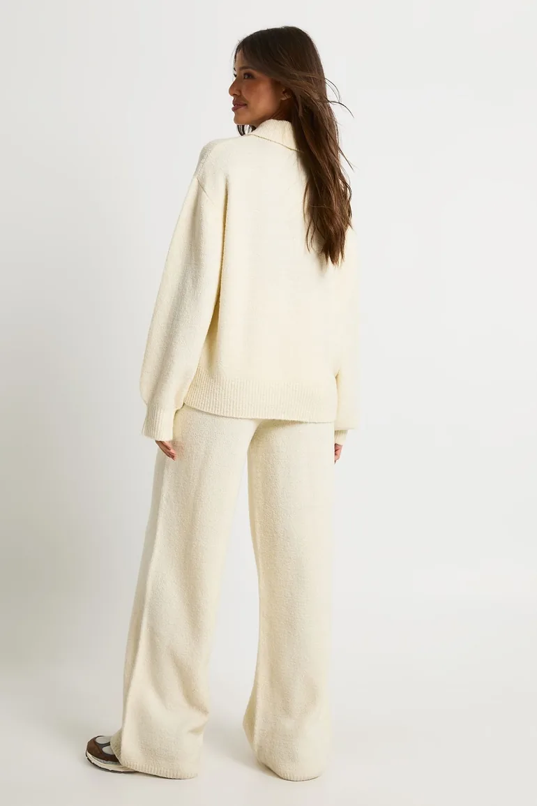 Super Soft Crew Neck Knitted Chunky Cardigan and Wide Leg Trouser Co-Ord - cream - 1