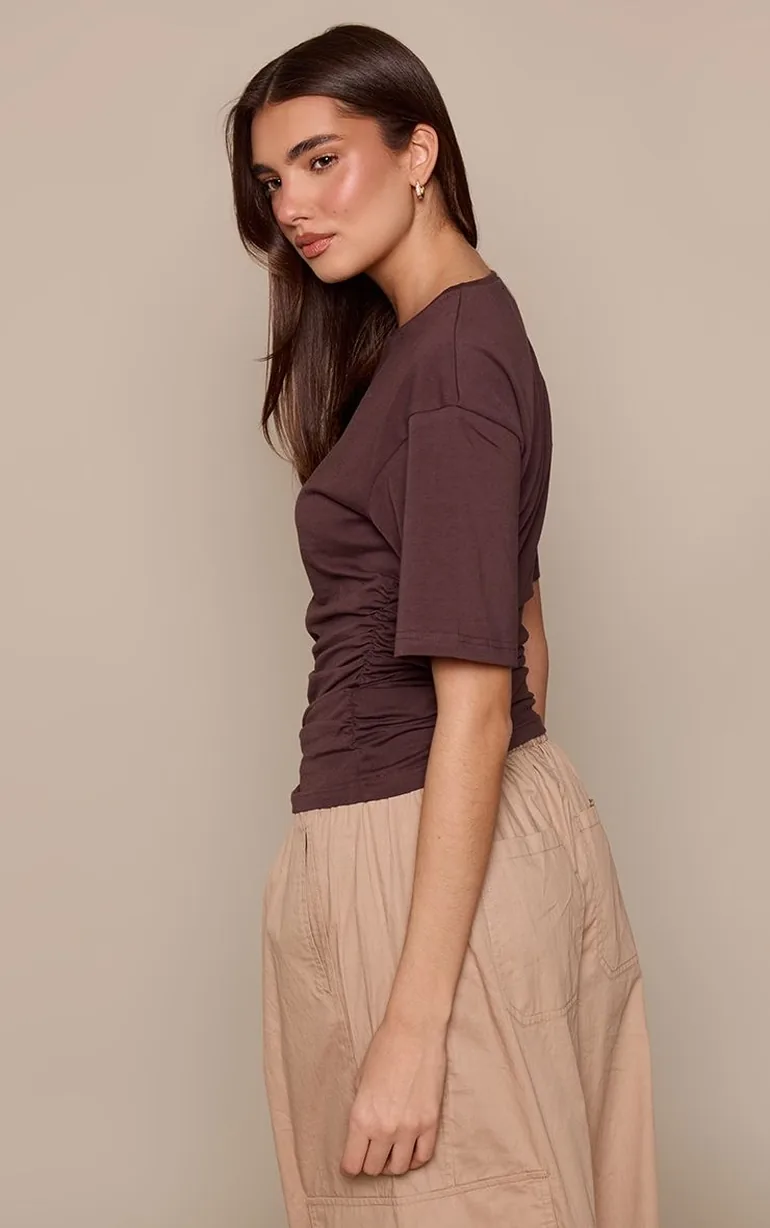 Chocolate Cotton Ruched Detail T-Shirt - 1