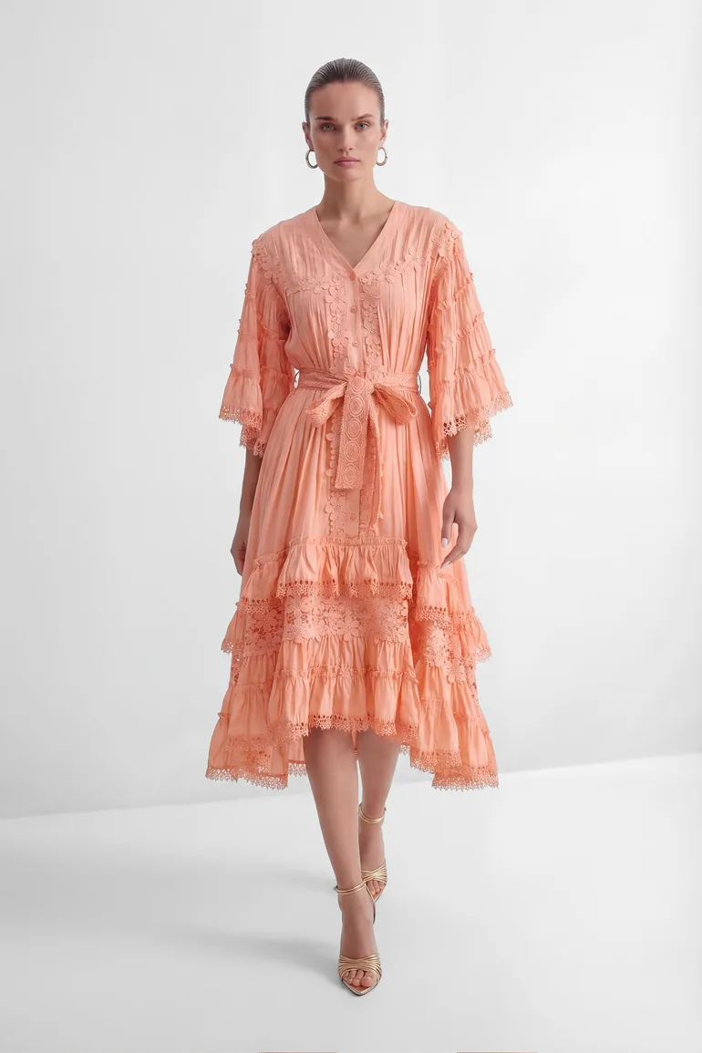 Sweet Sophistication Pink Floral Applique Tiered Maxi Dress