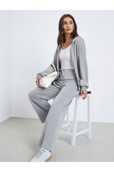 Women Grey Hooded Bomber Jacket and Pants Co-Ords