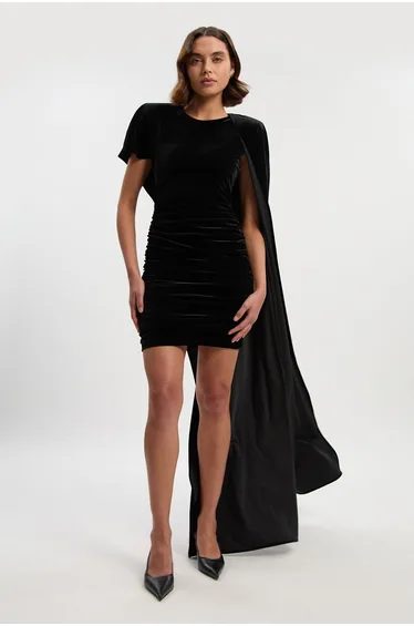 Stretch Velvet Jersey Cape Shoulder Mini Dress