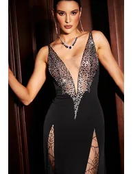 Ledasa Deep-V Diamond Sleeveless Lace High Slit Maxi Dress - 5
