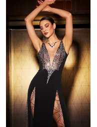 Ledasa Deep-V Diamond Sleeveless Lace High Slit Maxi Dress - 3