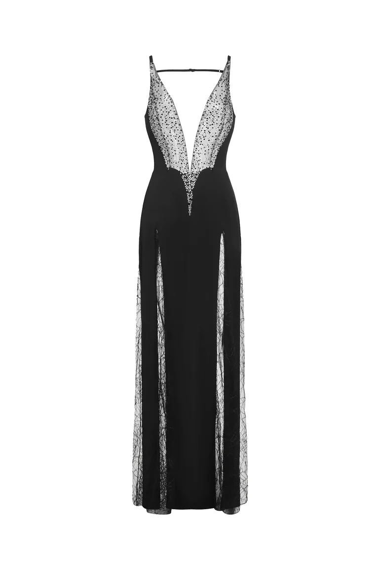 Ledasa Deep-V Diamond Sleeveless Lace High Slit Maxi Dress - 2
