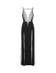 Ledasa Deep-V Diamond Sleeveless Lace High Slit Maxi Dress - 2