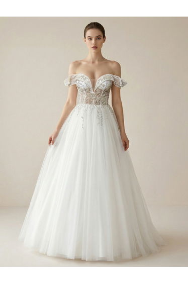 Leely Off Shoulder Puff Sleeve A Line Beaded Tulle Wedding Dresses