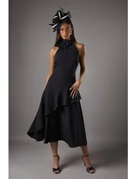 High Neck Corsage Detail Midi Dress