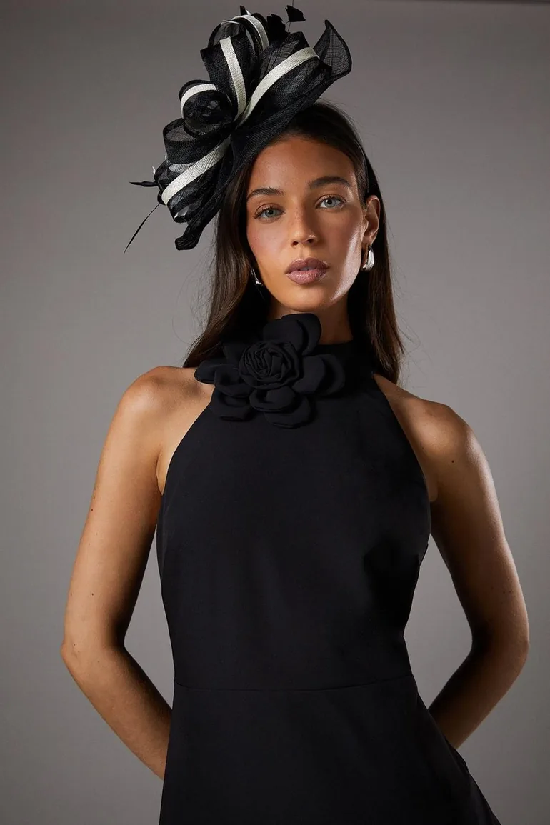 High Neck Corsage Detail Midi Dress - 3