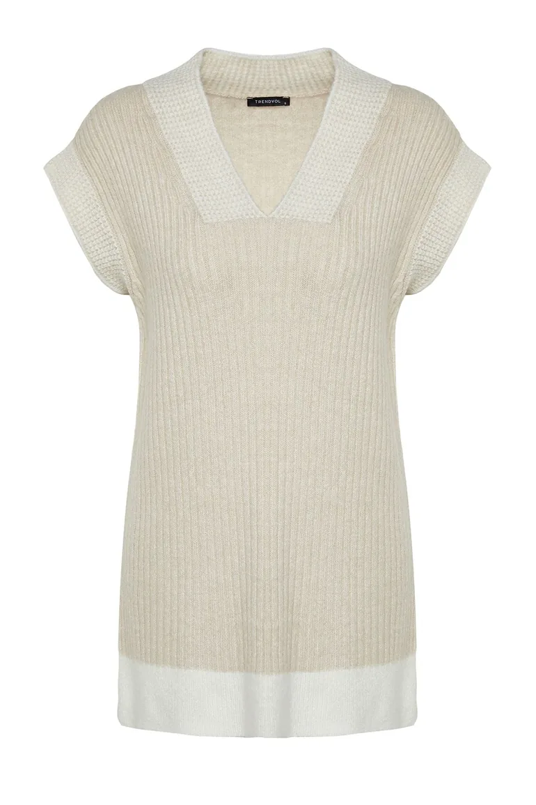 Stone Color Block V Neck Thessaloniki Knitwear Sweater - 4