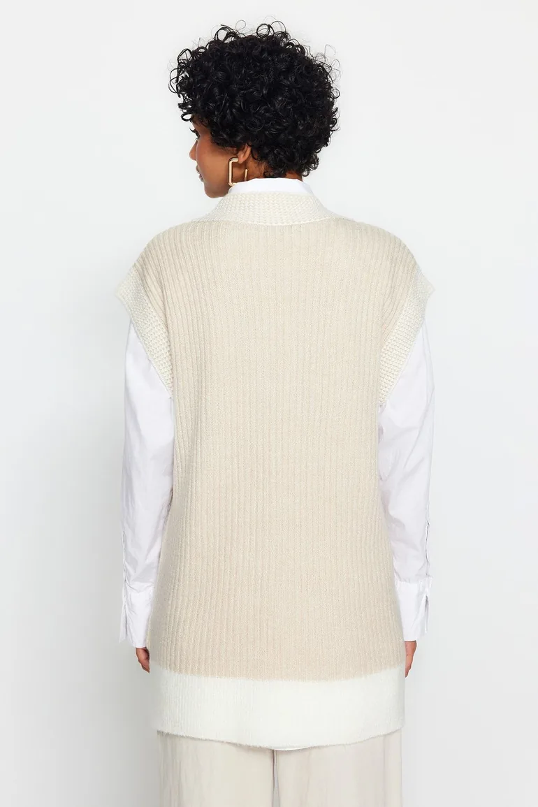 Stone Color Block V Neck Thessaloniki Knitwear Sweater - 6