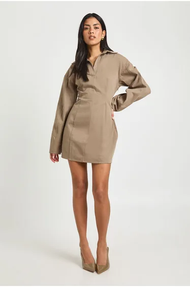Twill Cinched Waist Shirt Dress - washed khaki