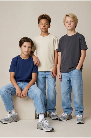 Beige-Navy Blue-Anthracite 3-Piece Boy 100% Cotton Basic Short Sleeve Knitted T-Shirt